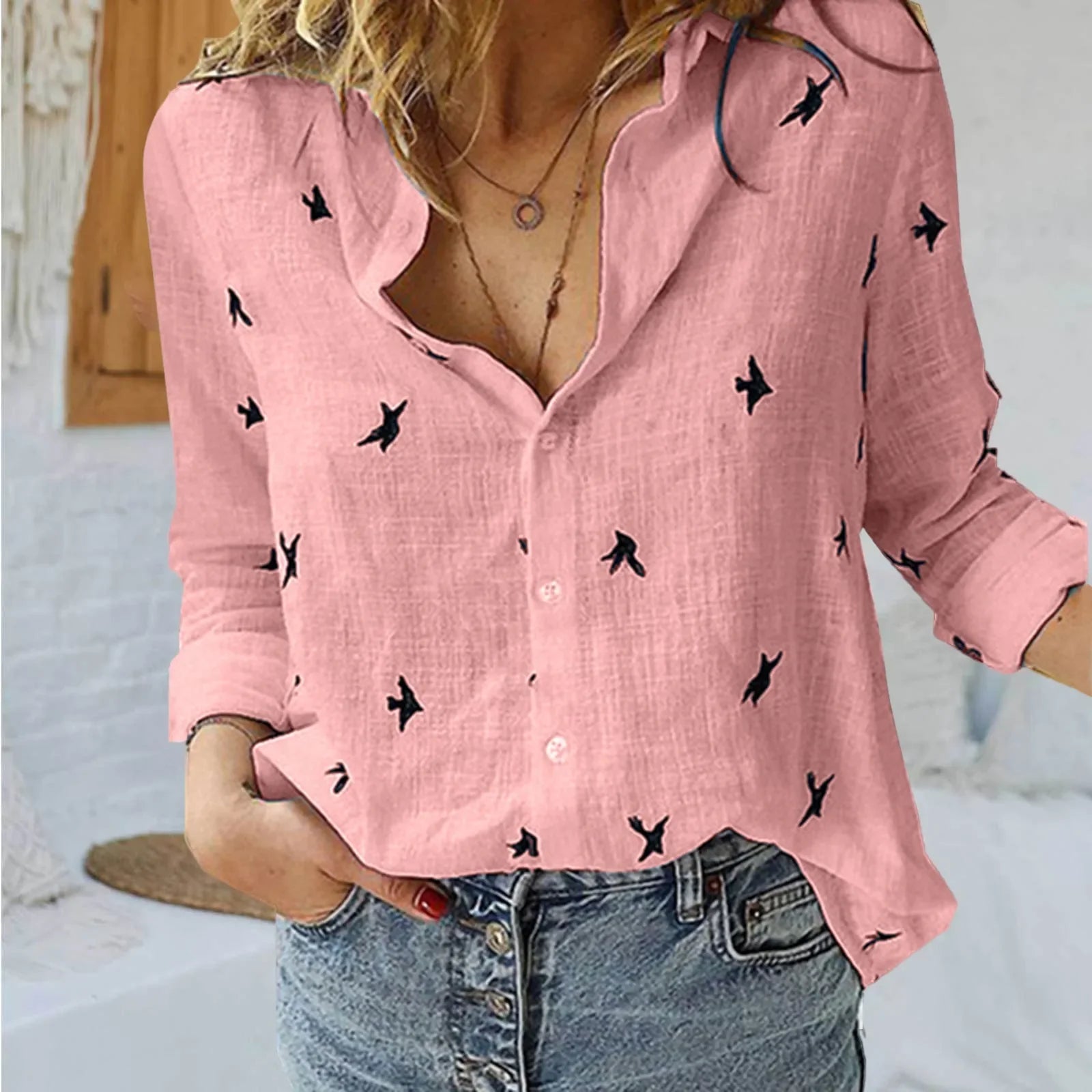 Fashion Blue Pink Lapel Shirt Women'S Summer Thin Cool Cotton Linen Shirt French Elegant V-Neck Long Sleeve Shirt Lady