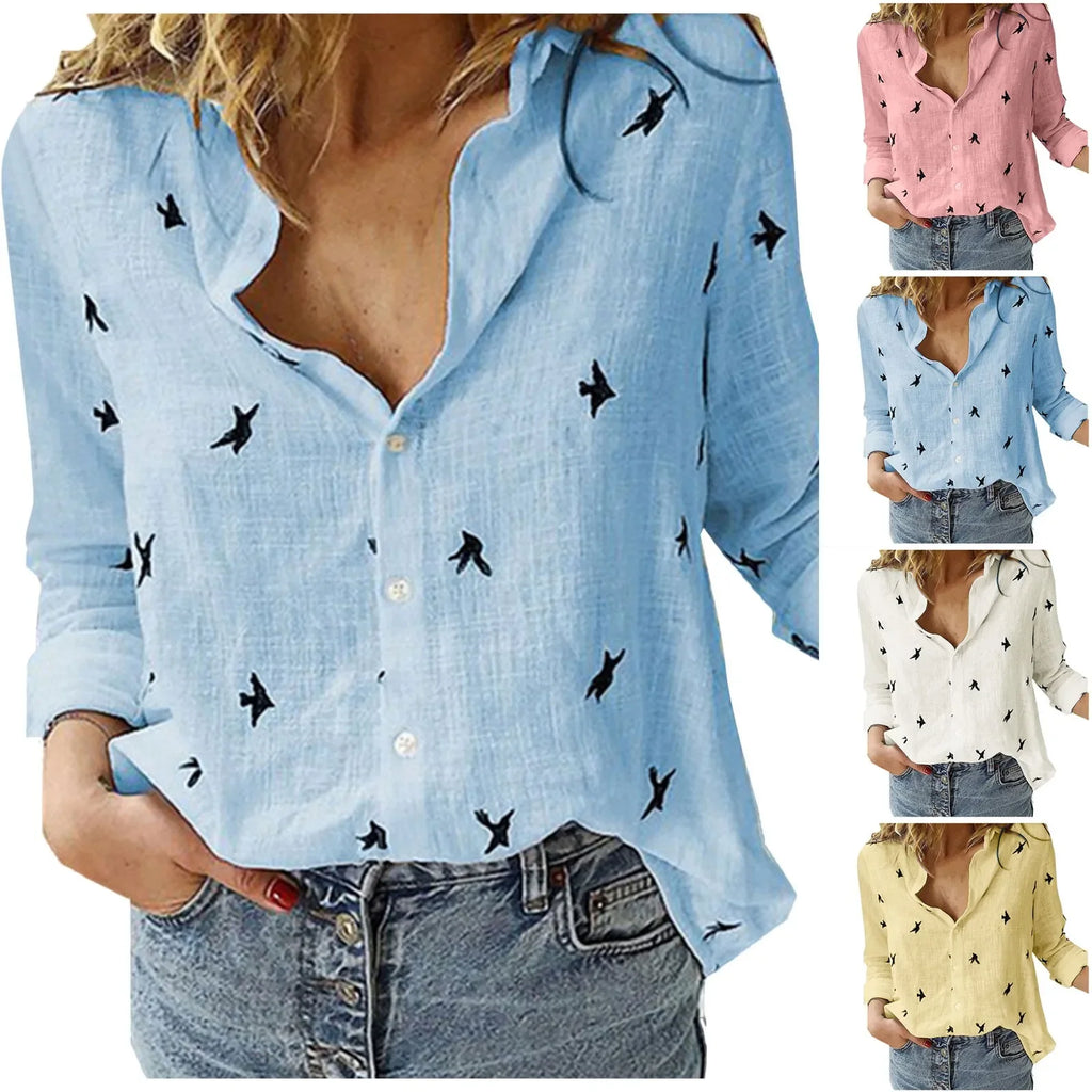 Fashion Blue Pink Lapel Shirt Women'S Summer Thin Cool Cotton Linen Shirt French Elegant V-Neck Long Sleeve Shirt Lady