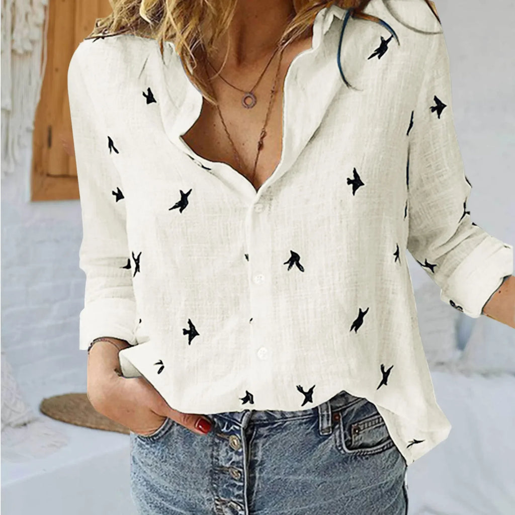 Fashion Blue Pink Lapel Shirt Women'S Summer Thin Cool Cotton Linen Shirt French Elegant V-Neck Long Sleeve Shirt Lady