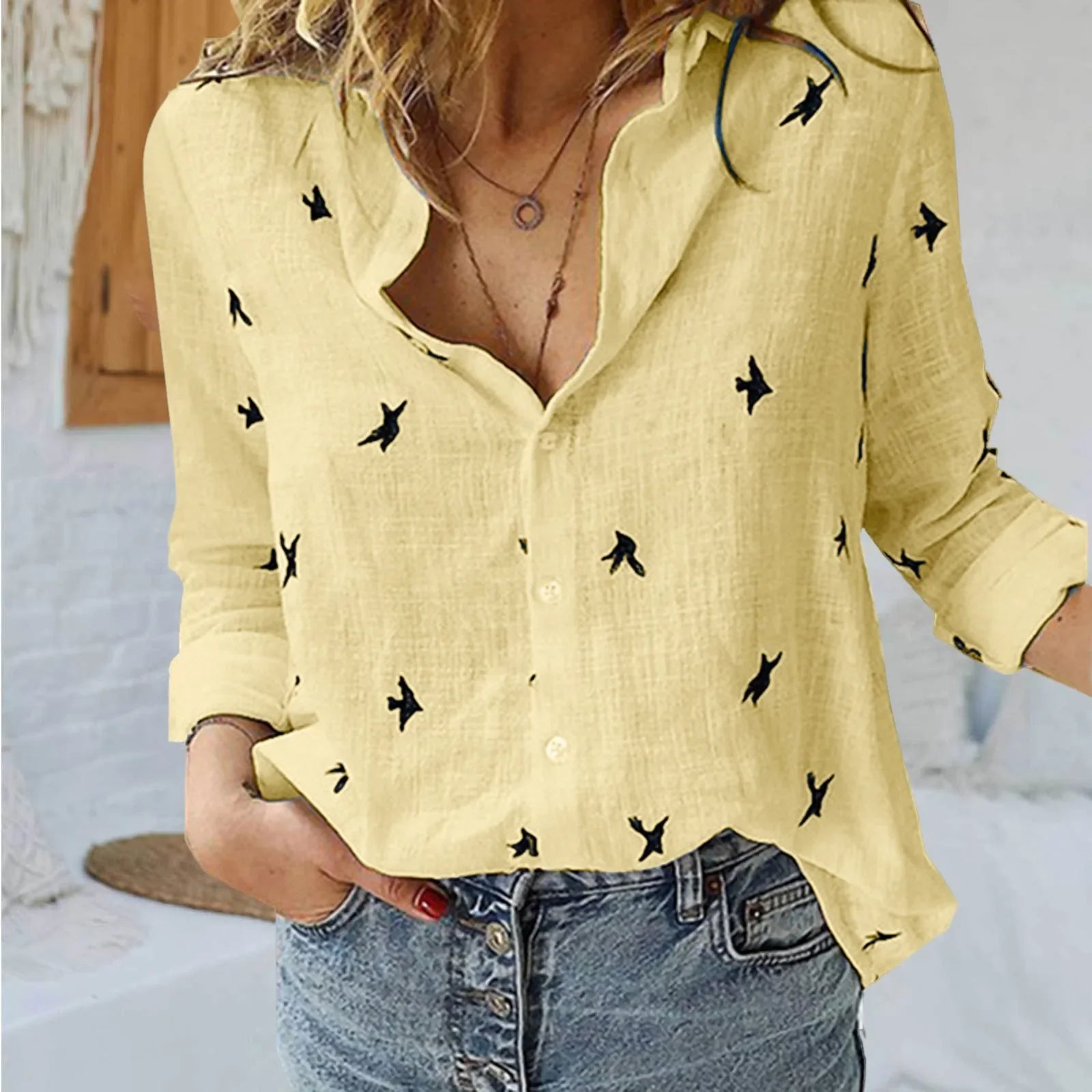 Fashion Blue Pink Lapel Shirt Women'S Summer Thin Cool Cotton Linen Shirt French Elegant V-Neck Long Sleeve Shirt Lady