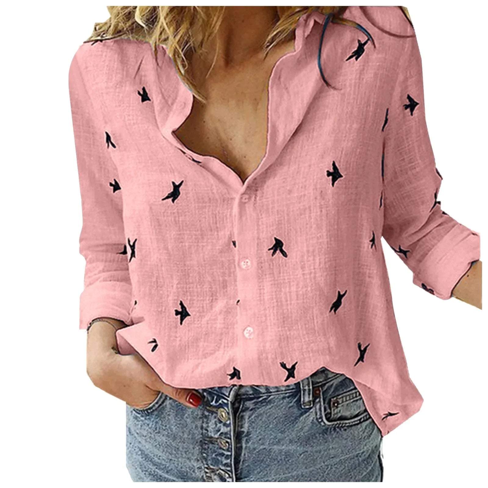 Fashion Blue Pink Lapel Shirt Women'S Summer Thin Cool Cotton Linen Shirt French Elegant V-Neck Long Sleeve Shirt Lady