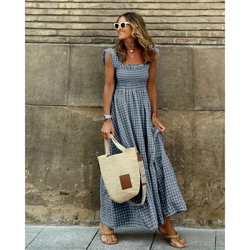 Elegant Plaid Slip Maxi Long Dress Summer Women Strapless Ruffle Backless Pleated Elastic Waist Boho Party Swing Loose Dresses